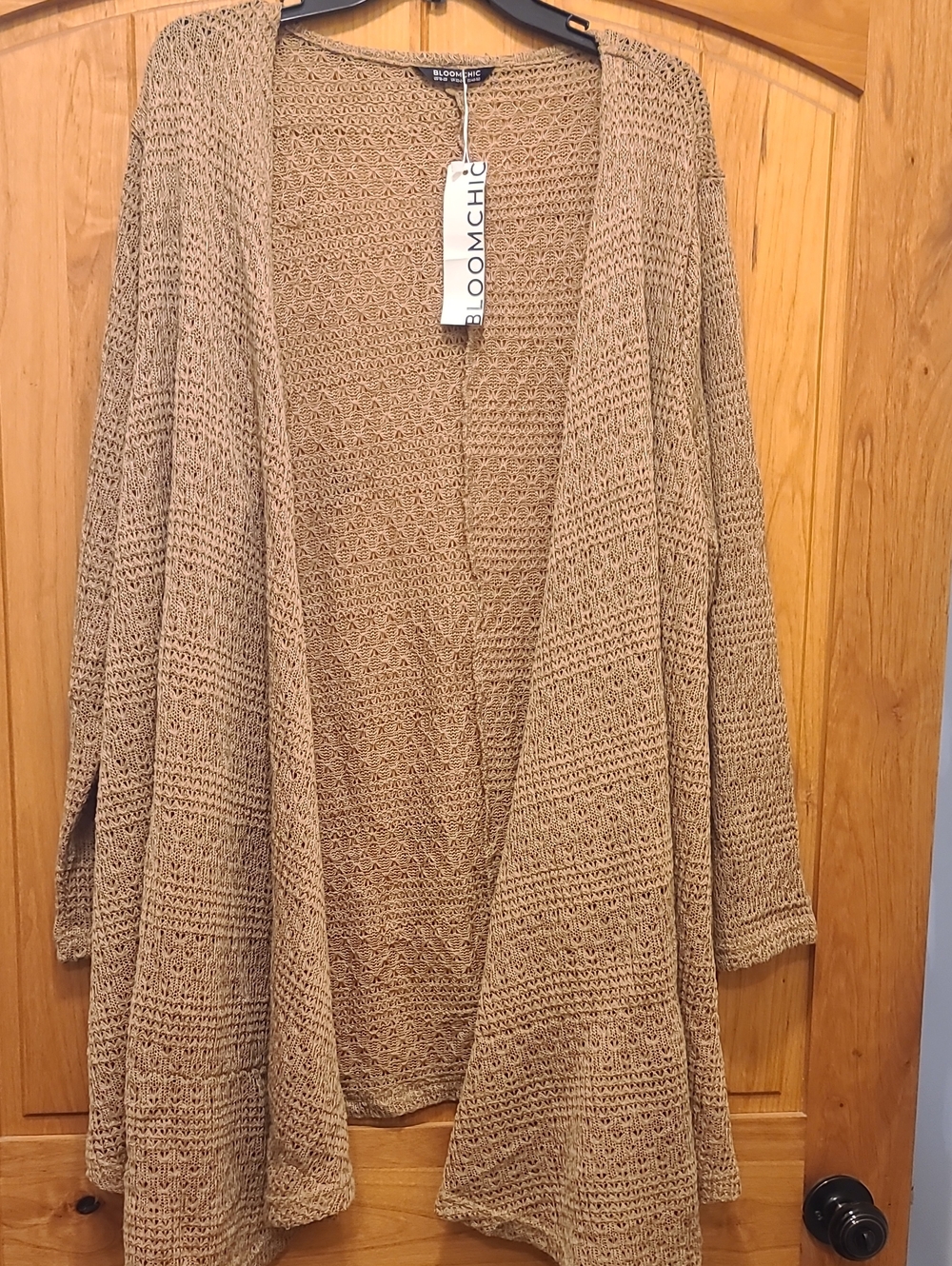 BloomChic Open-Front Crochet Cardigan in Tan